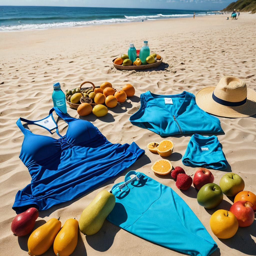A sunlit beach with a vibrant blue ocean, showcasing a trendy beachwear laid out on soft sand. In the foreground, a health checklist with icons of fruits, water bottles, and fitness gear blends with the beach scene. Energetic people enjoying beach activities in the background exhibit a healthy lifestyle. Style: super-realistic. bright colors. summery vibe.